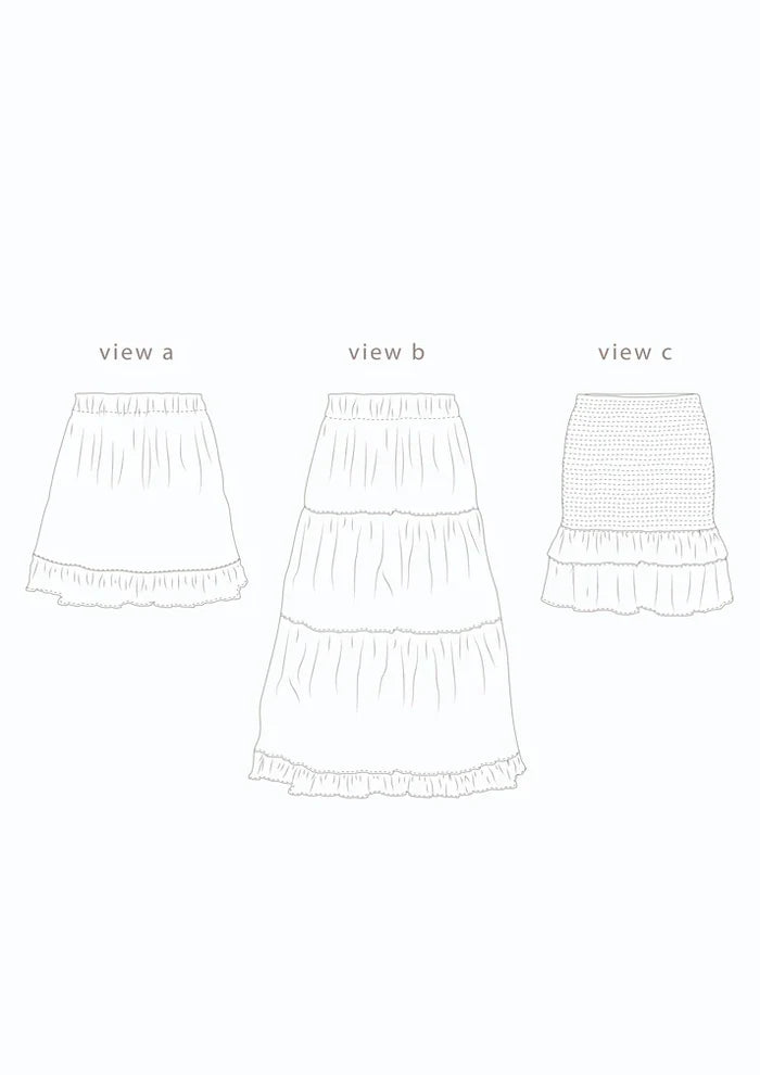 line art of Fawn Skirt Set PAPER Pattern - Gathered Mini, Maxi, and Shirred Mini Skirt Patterns