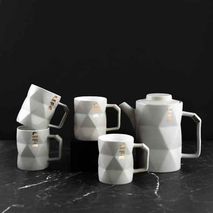 Geometrical Ceramic Tea Cup & Tea Pot Set With Serving Tray Tea & Coffee Sets June Trading 4 Cups and Kettle (without Tray)