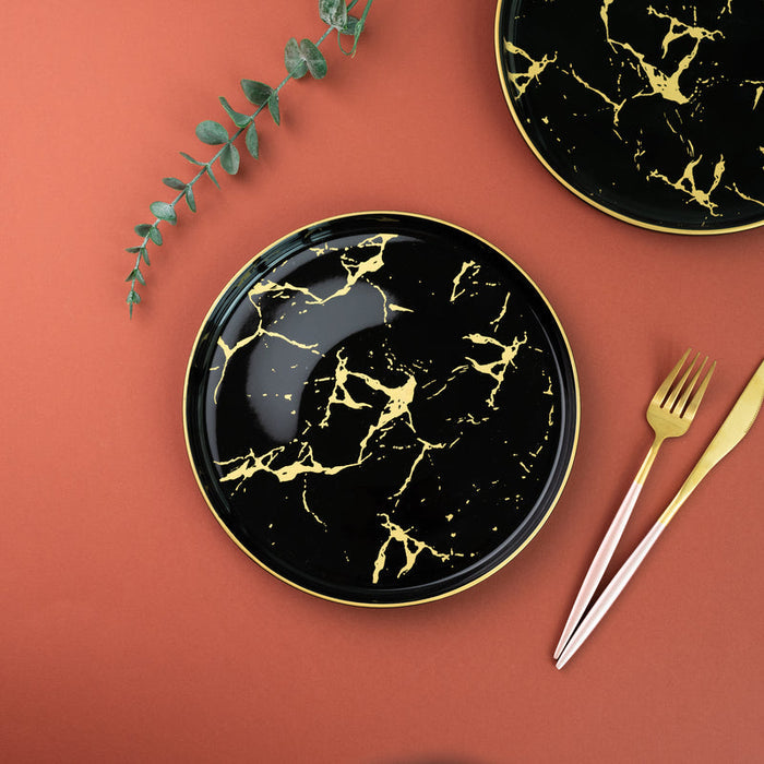 Gold On Black Marble Round Dinner Plate (9 Inches) Dinner Plates June Trading