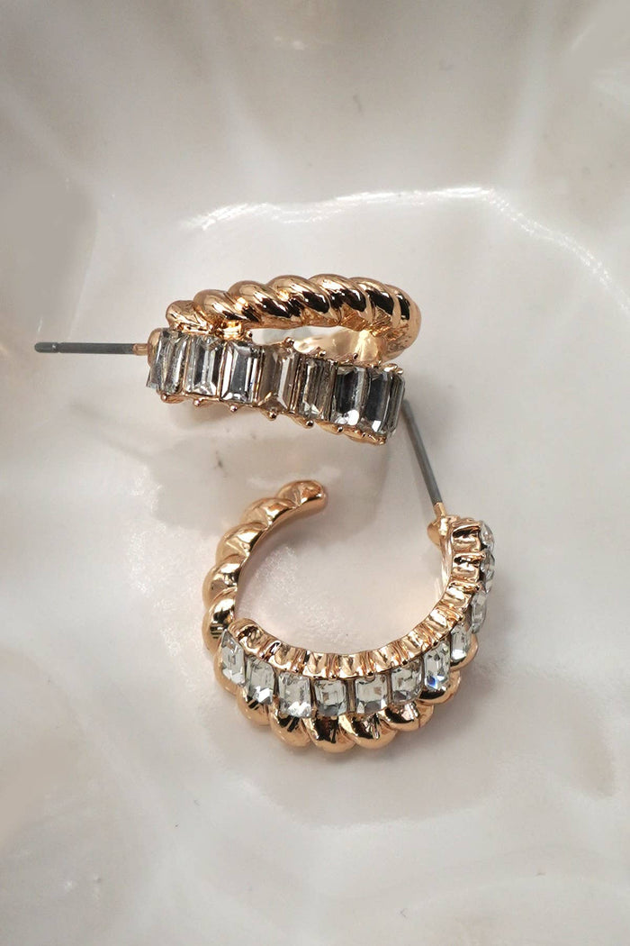 GOLD RHINESTONE INTWINED HUGGIE HOOP EARRINGS