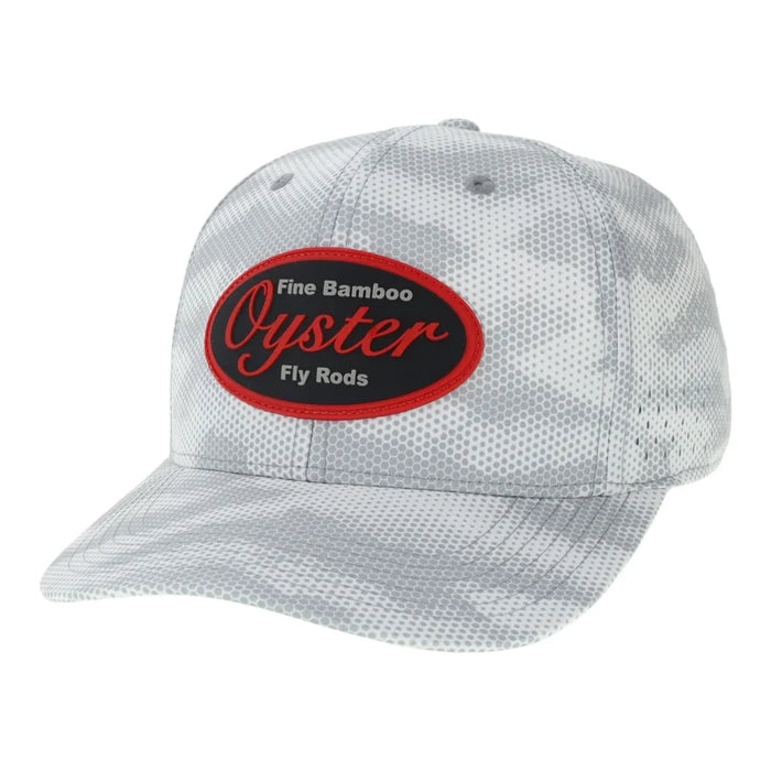 White mesh cap with red and black logo on a white background