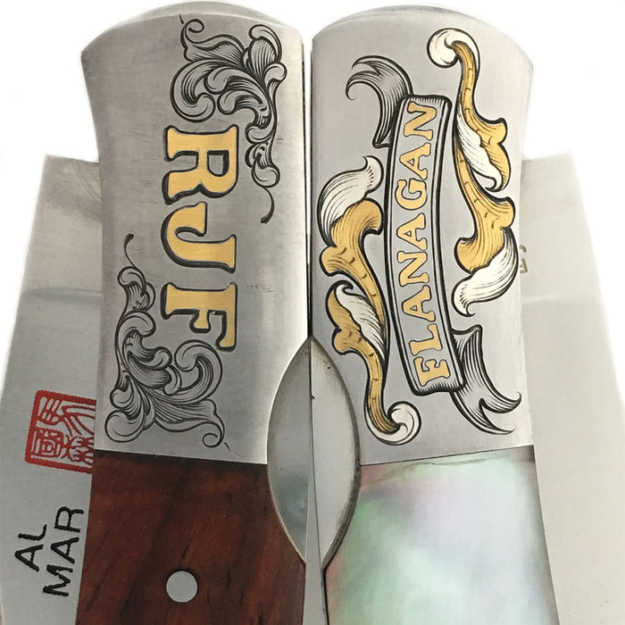 hand engraving with gold inlay by bill oyster bamboo fly rods al mar knives