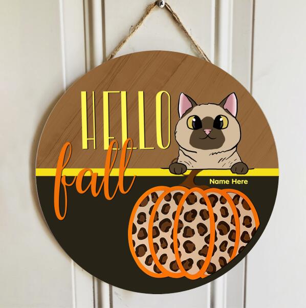 Hello Fall - Pumpkin Leopard Print - Personalized Cat Door Sign