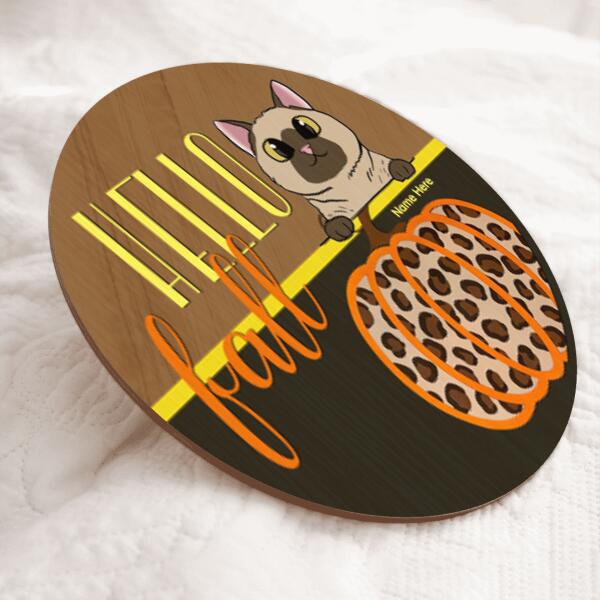 Hello Fall - Pumpkin Leopard Print - Personalized Cat Door Sign
