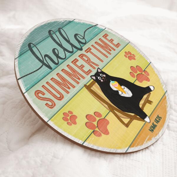 Hello Summer Time - Cats and Deckchair - Personalized Cat Door Sign