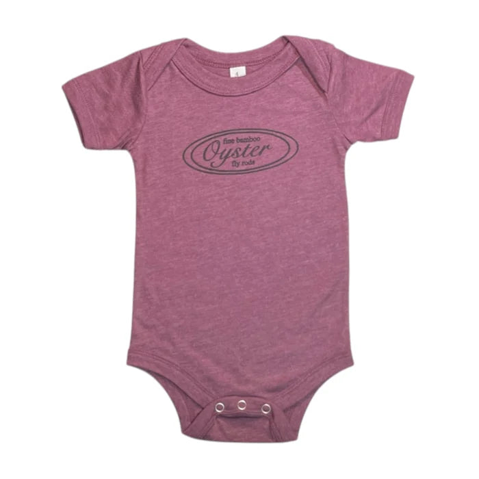 Oyster Fly Rods logo infant onesie in heather maroon.