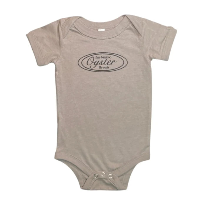 Oyster Fly Rods logo infant onesie in storm gray.