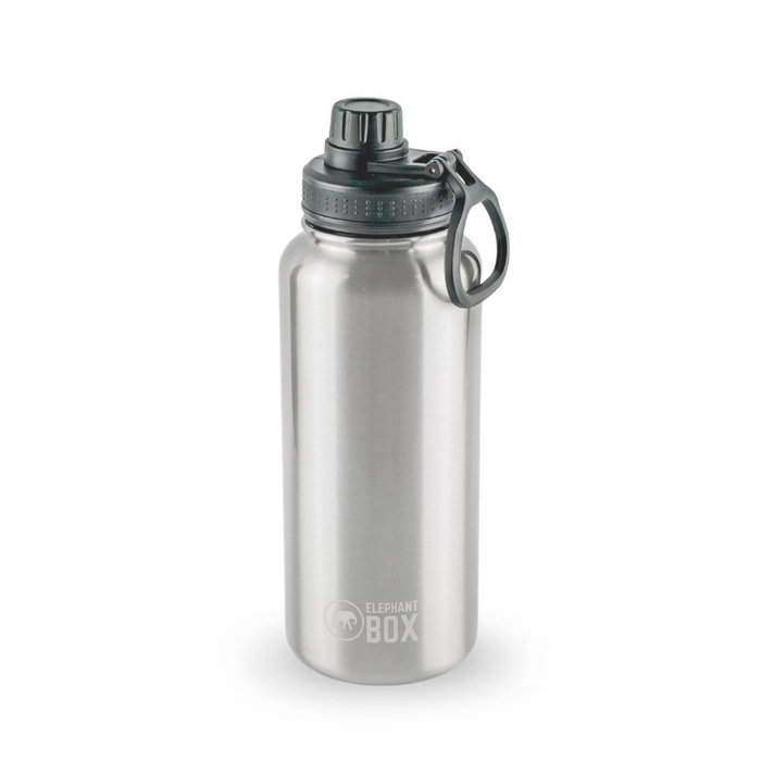 Stainless steel water bottle with black chug cap and handle on a white background