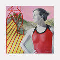 The artwork 'Joshua Tree' features a contemplative figure in a red athletic tank top against a soft pink sky. A geometric red structure with yellow stripes creates bold architectural lines, complemented by distant green foliage. The oil painting combines realism and geometric abstraction in a 36x36 inch composition by Anastasia Korsakova.