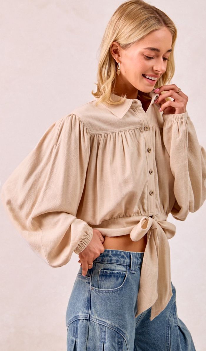 Linen Viscose Tie Hem Detail Crop Blouse
