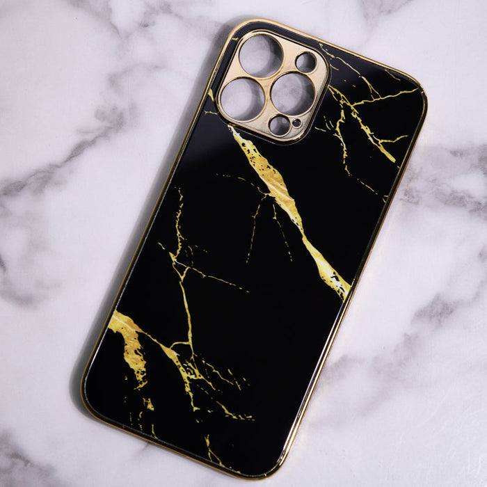 Marble Pattern Rose Gold Edge iPhone 14 Pro Max Case iPhone 14 Pro Max June Trading Jade Black