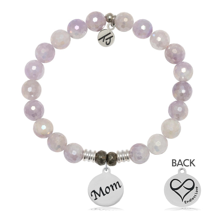 Mauve Jade Gemstone Bracelet with Mom Sterling Silver Charm