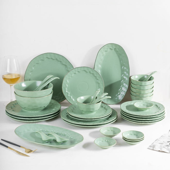 Merak Gold Rim 36-Piece Luxury Dinner Set | Fern Green