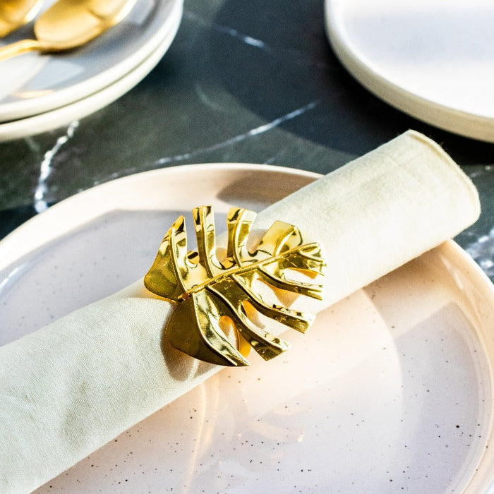 Monstera Leaf Gold Napkin Rings (Set of 6) Napkin Rings June Trading