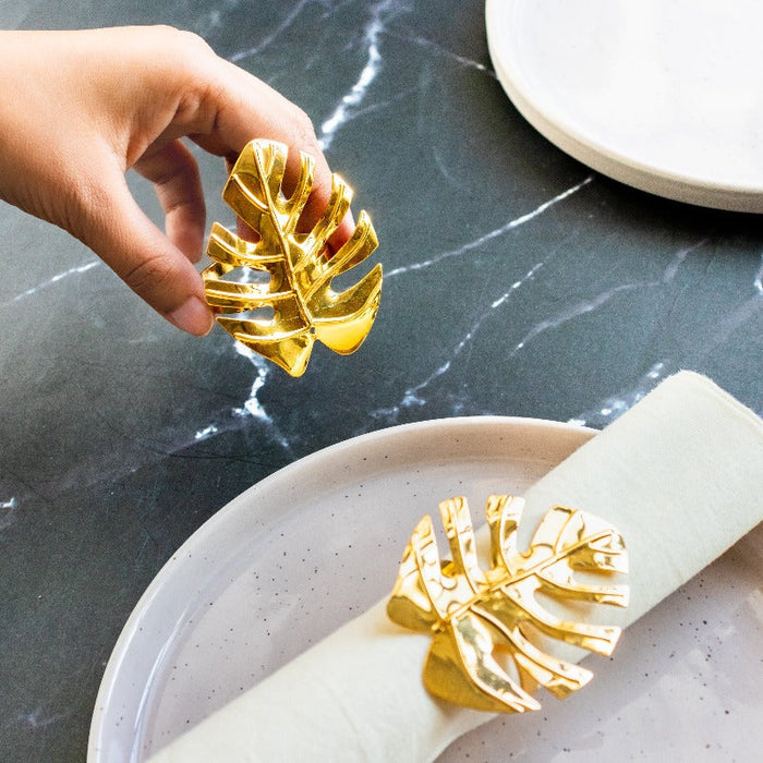 Monstera Leaf Gold Napkin Rings (Set of 6) Napkin Rings June Trading