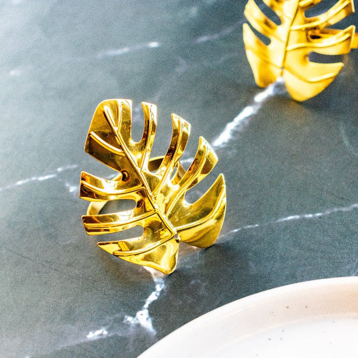 Monstera Leaf Gold Napkin Rings (Set of 6) Napkin Rings June Trading