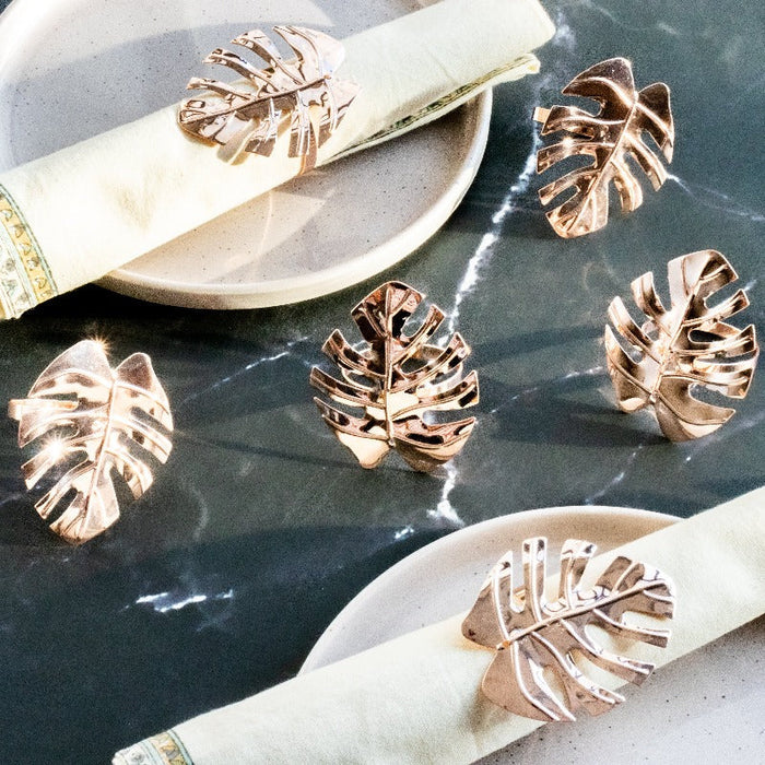 Monstera Leaf Rose Gold Napkin Rings (Set of 6) Napkin Rings June Trading