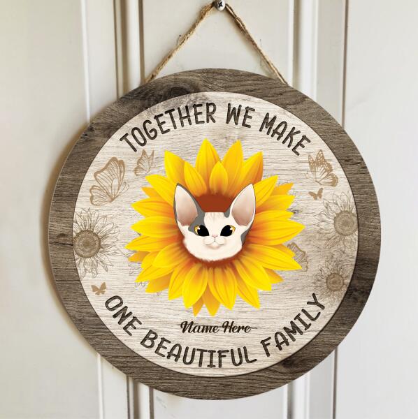 One Beautiful Family - Cat with Sunflower Headdress - Personalized Cat Door Sign