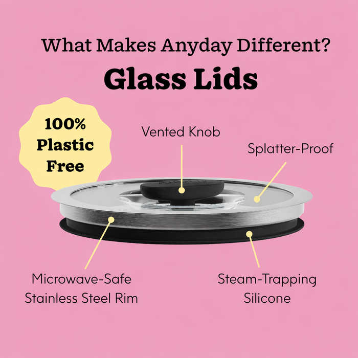 Introducing the Onyx Collection Glass Lid: featuring a vented knob, stainless steel rim, and silicone edge on a pink background. Labels highlight key features—100% plastic free, splatter-proof design, steam-trapping silicone edge, microwave-safe rim, and vented knob—making it ideal for quick microwave meals or pairing seamlessly with your favorite pieces from the Onyx Collection. This limited-edition accessory brings both style and practicality to your modern kitchen.