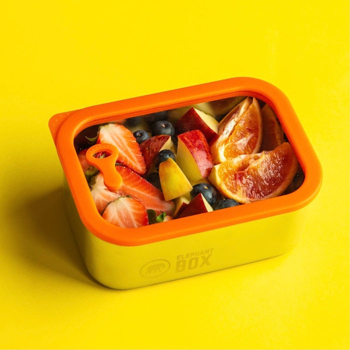 Fruit salad in an Elephant Box small prep and store container on a yellow background