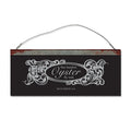 Metal rustic sign featuring engraving style pattern of Oyster Fine Bamboo Fly Rods logo.