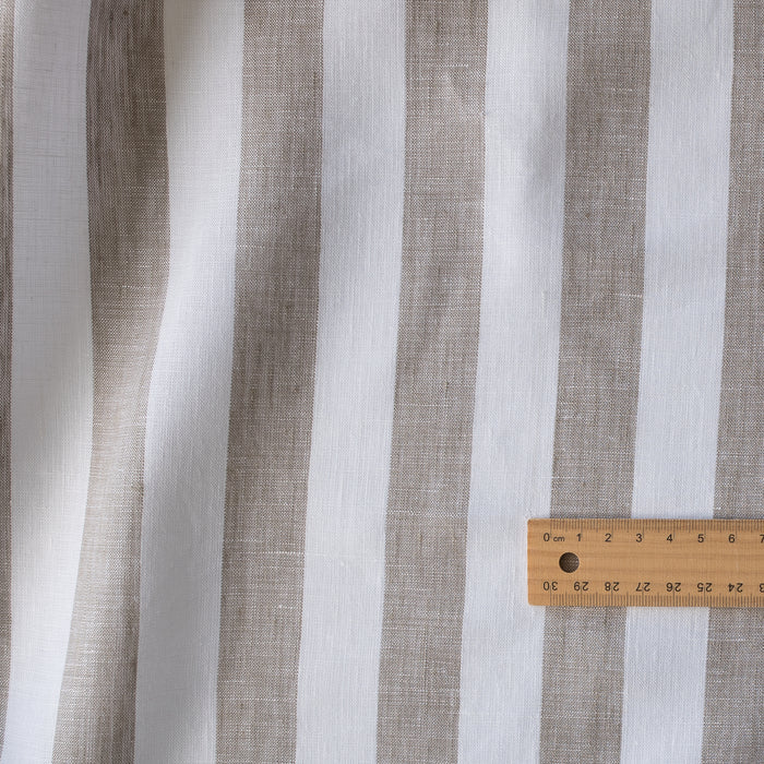 Pebble Lane 100% Linen Fabric – jumbo yarn-dyed stripes in taupe and white