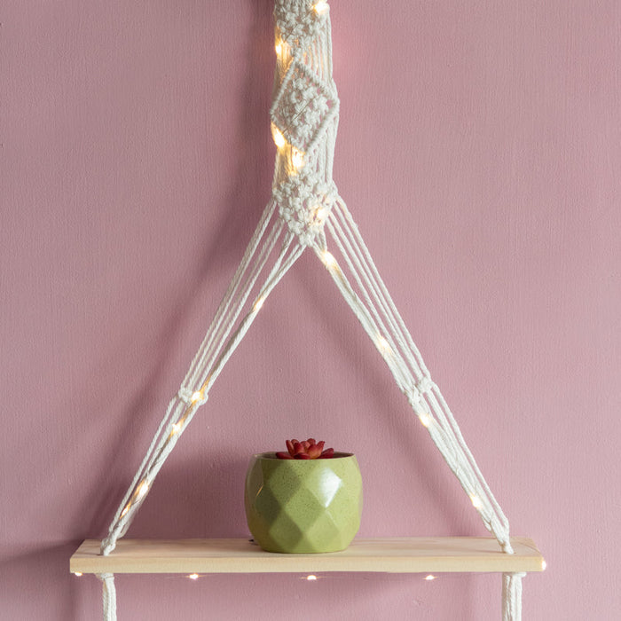 Pine Wood Macrame Wall Hanging Shelf With Fairy Lights Macrame June Trading
