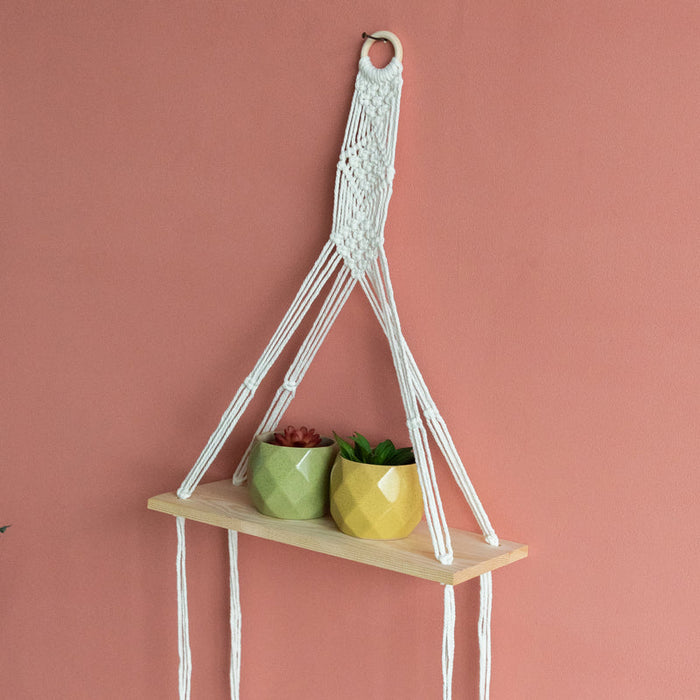 Pine Wood Macrame Wall Hanging Shelf With Fairy Lights Macrame June Trading