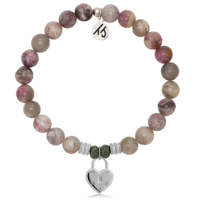 Pink Tourmaline Stone Bracelet with Love Lock Sterling Silver Charm