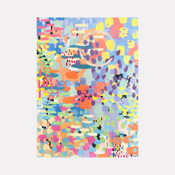 The artwork 'Pixel Rainbow 2' by Alexandra Jamieson features a vibrant abstract composition with pixelated patterns in pastel and bright hues. The painting combines coral, yellow, lavender, and turquoise dots and blocks, creating a dynamic mosaic effect. Gold foil accents complement the acrylic paint, creating a playful and modern aesthetic.