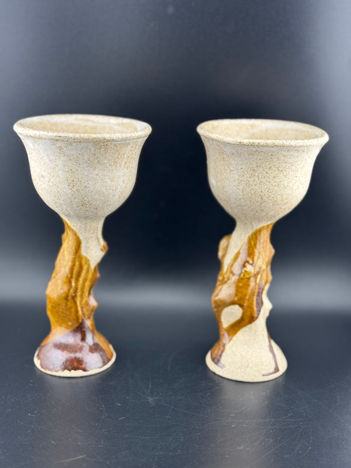 Pair of Handmade Glazed Pottery Wine Goblets