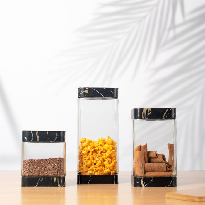 Prima Black Marble Glass Jar Set Of 3 Food Storage Containers The June Shop