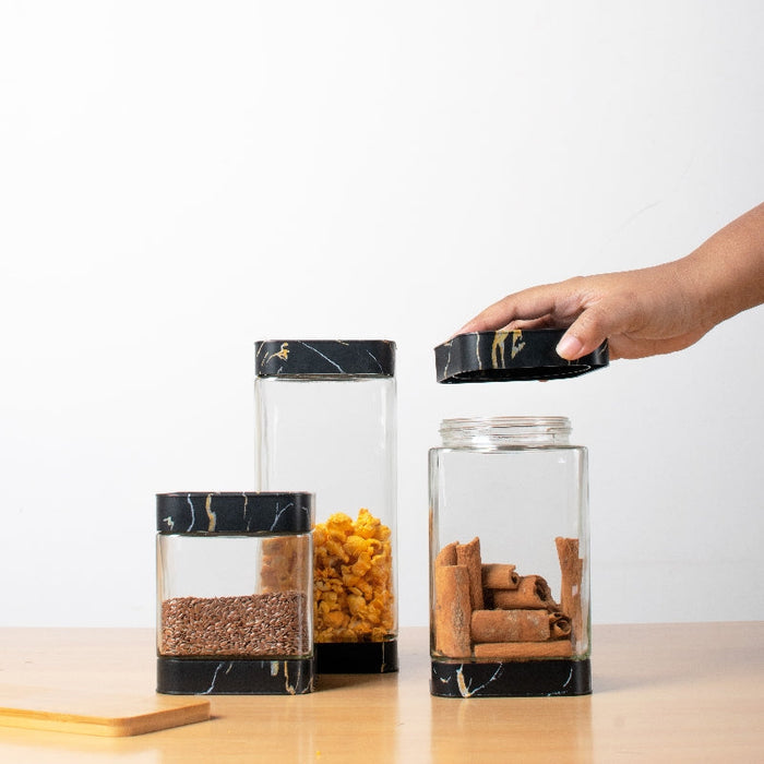 Prima Black Marble Glass Jar Set Of 3 Food Storage Containers The June Shop