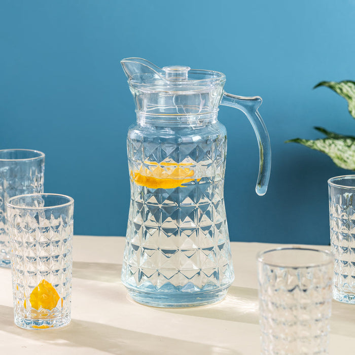 Refined Cut Glass Jug With 6 Pc Tumbler Glasses & Jug Set June Trading