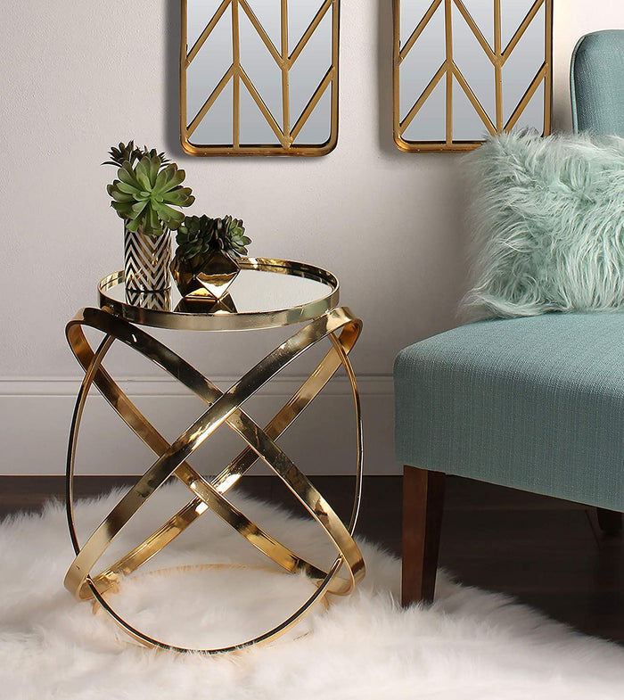 Round Metal Mirrored Accent Table, Gold