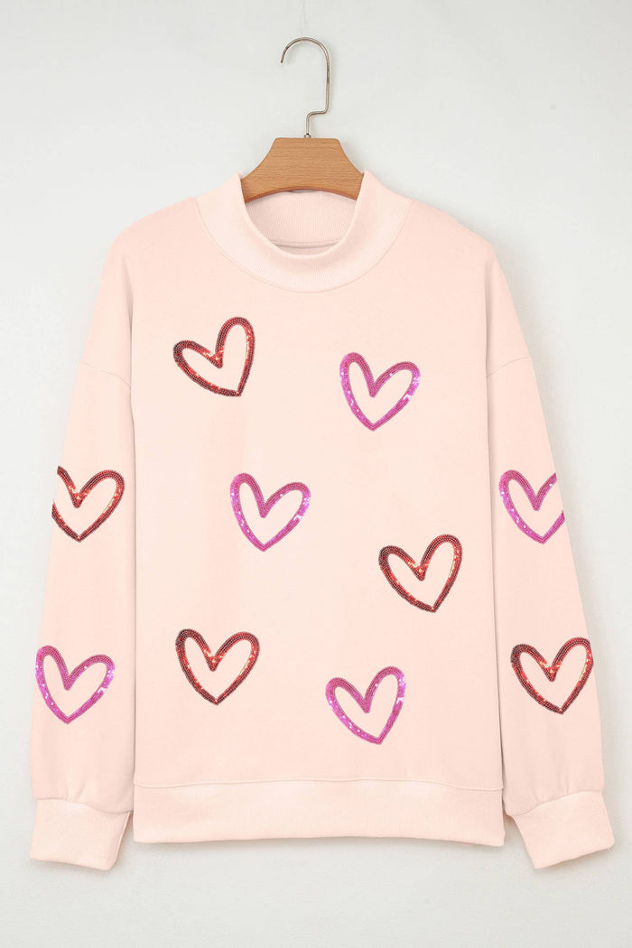 Sequin Heart Valentines Day Mock Neck Sweatshirt