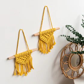 Set Of 2 Mustard Macrame Handmade Wall Hanging WIth Fairy Lights Macrame June Trading