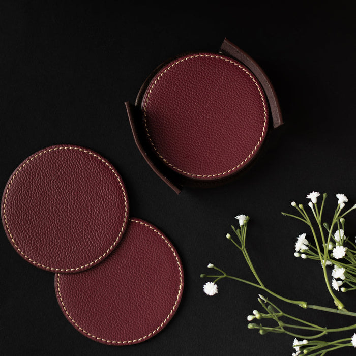 Set of 6 Leather Coasters With Holder Coasters June Trading