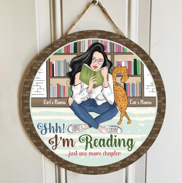 Shh I'm Reading - Girl And Cats Front of Bookshelf Customized Door Sign