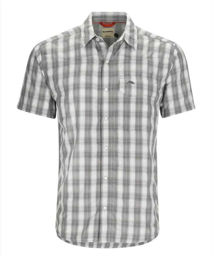 Simms Big Sky short sleeve fishing shirt featuring plaid pattern.