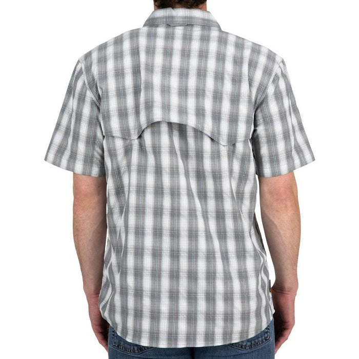 Simms Big Sky Short Sleeve Shirt in steel/pool plaid back with storm shield.