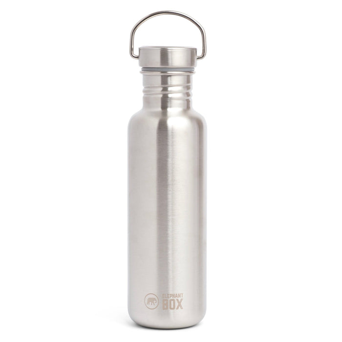 A silver stainless steel single-wall water bottle with a carry loop and elephant box  logo, against a white background.