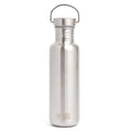 A silver stainless steel single-wall water bottle with a carry loop and elephant box  logo, against a white background.