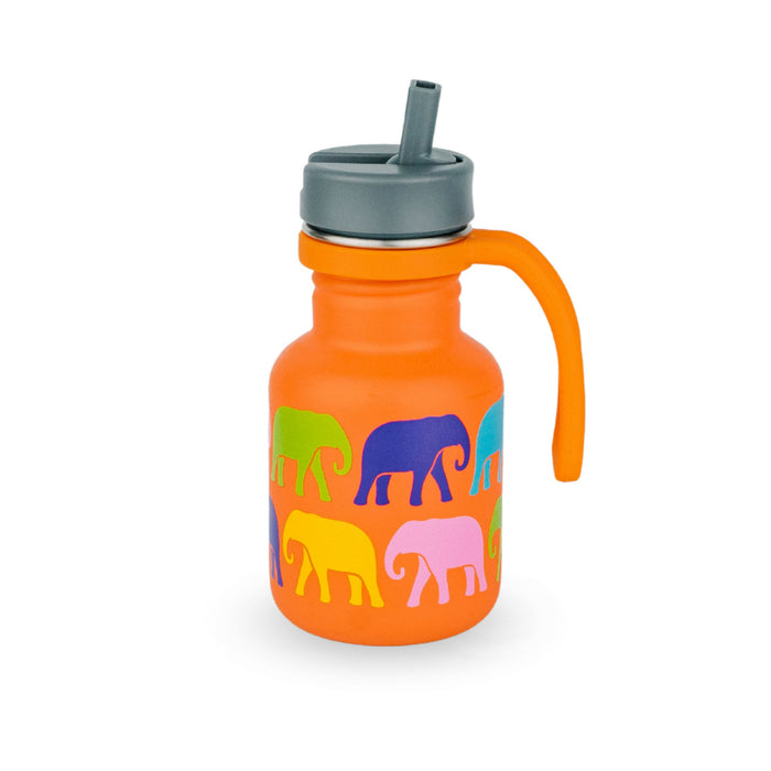 Colorful kids water bottle with elephant design on a white background