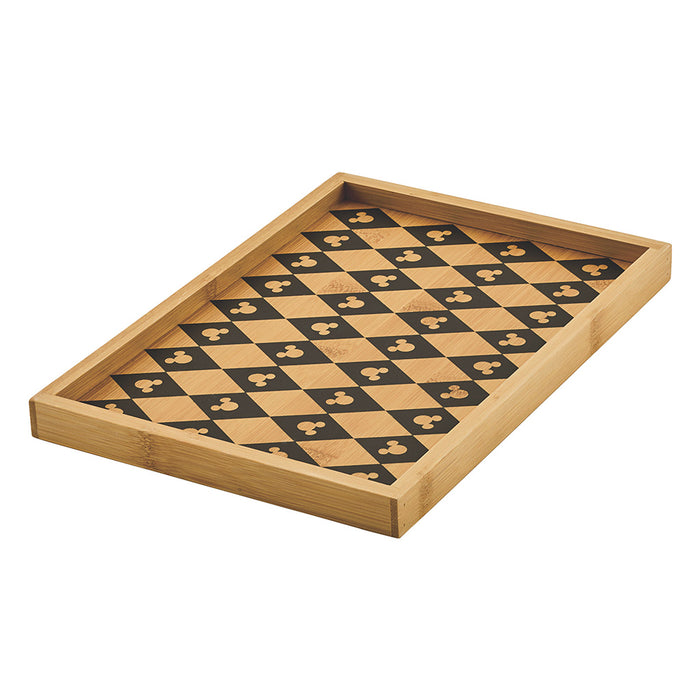 Small Serving Tray: A rectangular wooden tray with a checkerboard pattern of black and light squares, each black square displaying a light-colored Mickey Mouse silhouette.