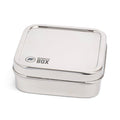 A silver stainless steel square salad box with a capacity of 600ml, branded with 'Elephant Box', a lunch box brand.