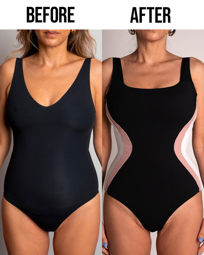 Before and after in Squarey - Black/Rose/White Square Neck Shapewear Swimsuit