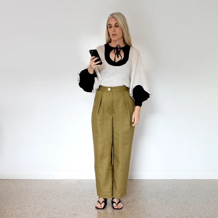 Terra Pant Sewing Pattern – high-waisted, pleated, tapered leg pants with pockets