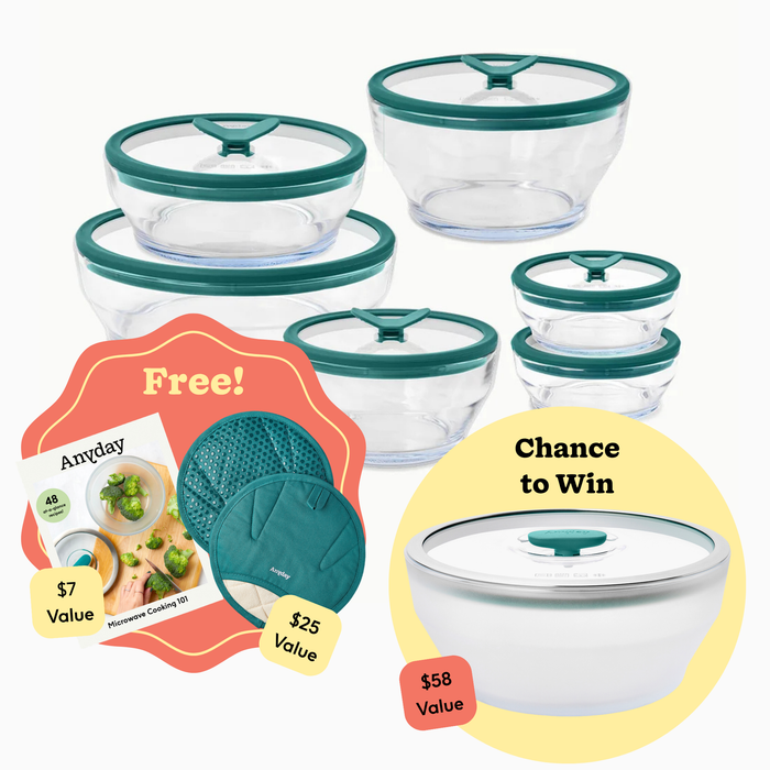 Introducing The Microplastic-Free Meal System: this versatile kitchen bundle features a set of six clear glass storage containers with green lids, a large glass dish set with a white lid, two teal silicone mats, and a handy cookbook—each clearly labeled with its value. Enjoy the chance to win The Microplastic-Free Meal System for FREE! It’s perfect for refreshing your cookware collection or upgrading your essential kitchen tools.