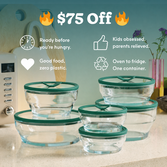 Six Microplastic-Free Meal System glass storage containers with green lids are neatly stacked on a kitchen counter, creating a versatile set. Promotional text highlights “$75 Off” and key benefits such as zero plastic construction and seamless oven-to-fridge use, with benefit icons and a microwave in the background.